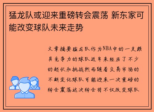 猛龙队或迎来重磅转会震荡 新东家可能改变球队未来走势 猛龙队或迎来重磅转会震荡 新东家可能改变球队未来走势
