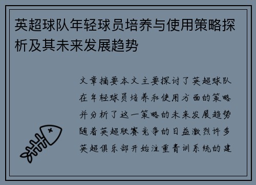 英超球队年轻球员培养与使用策略探析及其未来发展趋势